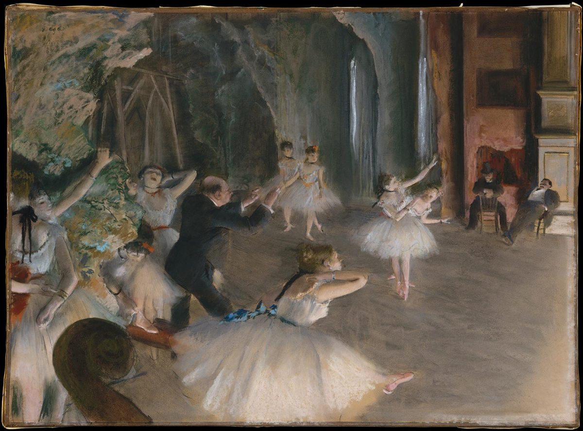 Peinture d'Edgar Degas : répétition d'un ballet sur scène - impressionnisme